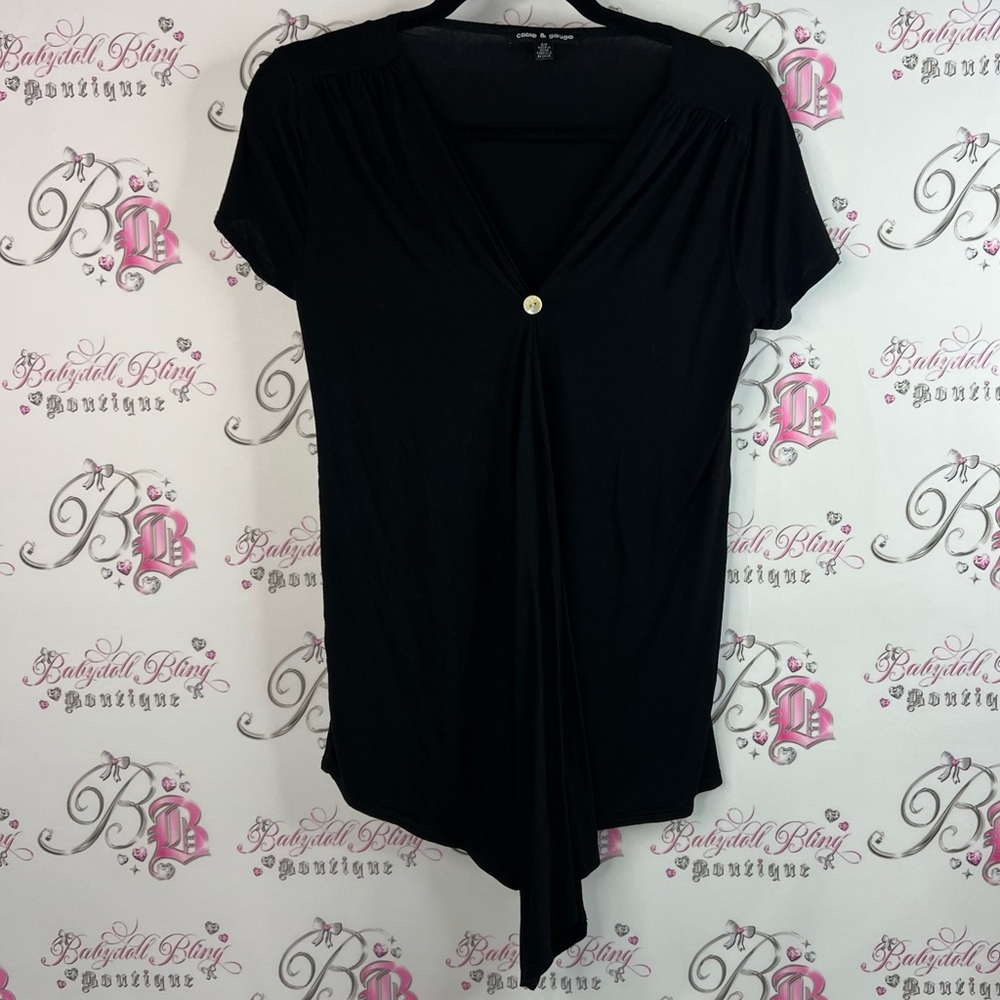 Cable & Gauge V neck button cinched detail soft Black Drape Front Blouse